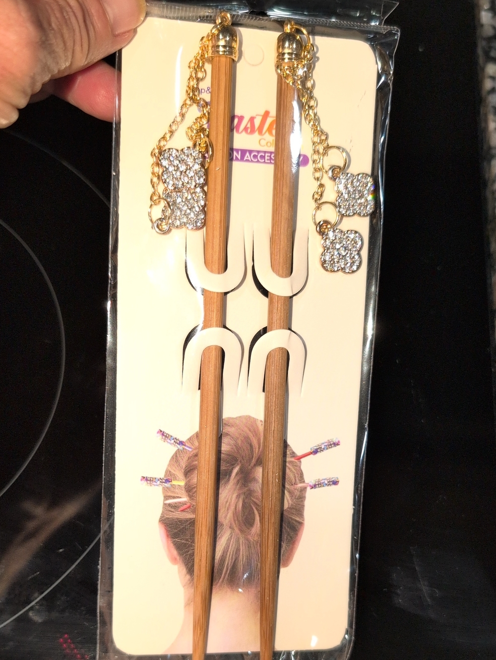 Wooden Chop Sticks with Gold and Crystal Charms  For Your Hair